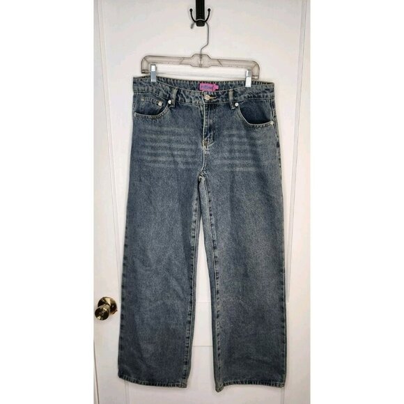 Size Large NWT Edikted Leopard Heart Pockets Wide Leg Jeans Blue Washed - Picture 1 of 6